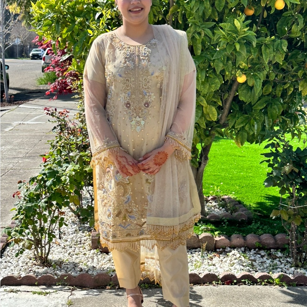 Pakistani Embroidered Gold Dress - OPEN TO ALL OFFERS